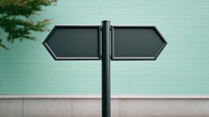 Obraz premium Empty two way directional street sign on a black pole against a light teal wall.