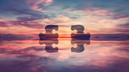 Puzzle Pieces Floating in Sunset Sky Over Calm Water