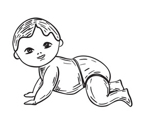 Adorable Baby crawling sketch. Children baby doll. Сlockwork crawling doll. Kids collection