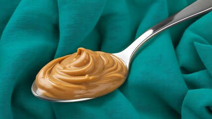 Creamy peanut butter swirled on a shiny silver spoon displayed against a textured turquoise background