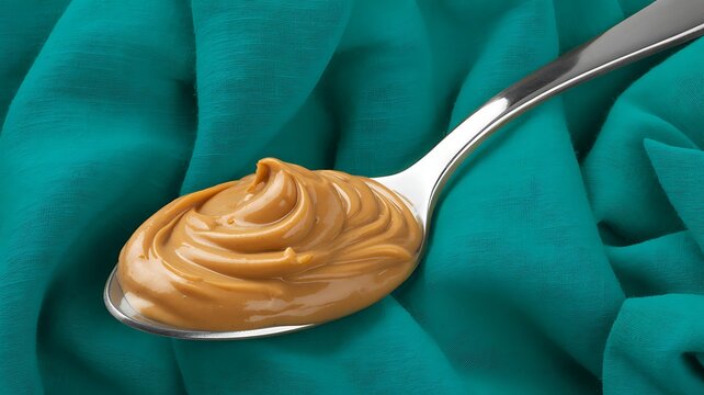 Creamy peanut butter swirled on a shiny silver spoon displayed against a textured turquoise background