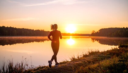Runner at sunrise over a lake