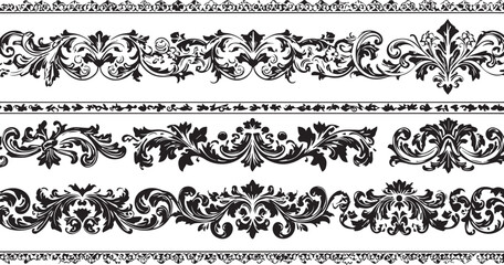 Naklejka premium Set of Ornate Black Scrollwork Borders and Decorative Flourishes on White Background Keywords: border, ornate, decorative, flourish, scroll, vintage, filigree, pattern, design element, graphic