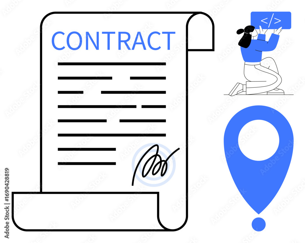 Poster signed contract scroll with signature, coder scripting on laptop, large geolocation icon. ideal for 