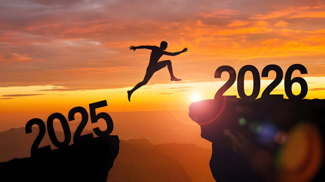 Man leaping from 2025 to 2026 against stunning sunset, achieving future goals