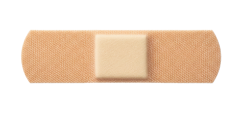 A neutral toned beige adhesive bandage with a pale square gauze pad PNG cutout transparent background isolate
