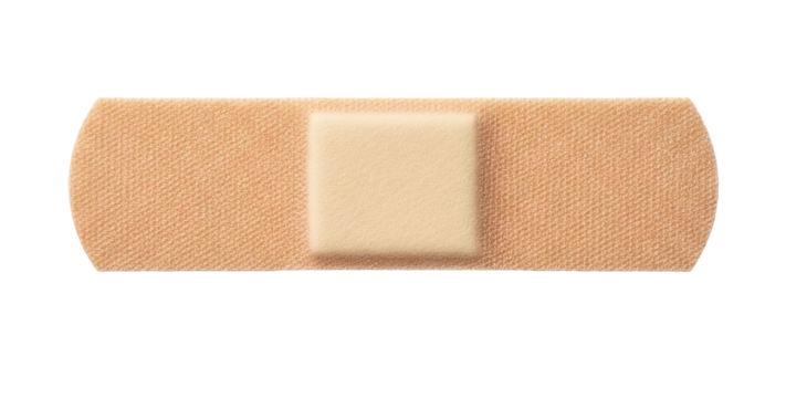 A neutral toned beige adhesive bandage with a pale square gauze pad PNG cutout transparent background isolate