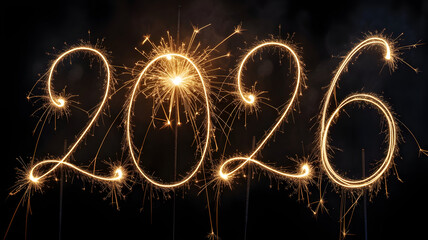 Sparkling 2026 New Year celebration with golden fireworks against a dark night sky