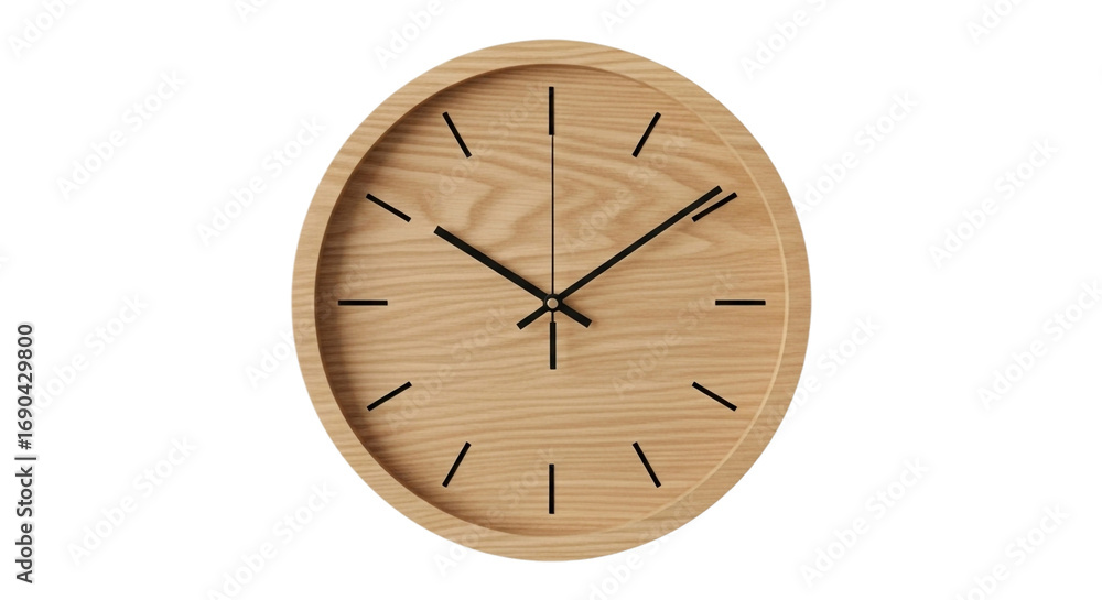 Wall mural wooden clock with a minimalist design isolated on transparent background, showing the time with a si
