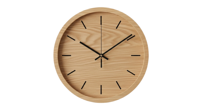 Wooden clock with a minimalist design isolated on transparent background, showing the time with a simple and elegant style