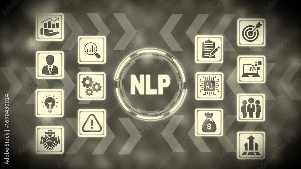 Poster nlp concept with surrounding icons representing business and technology on a grayscale gradient back