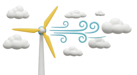 Wind turbine cartoon with clouds and wind gusts on white background