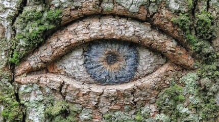 Fototapeta premium An intricately carved eye appears within the textured bark of a mature tree, evoking a sense of watchful nature and hidden perception, blending organic forms with artistic expression.