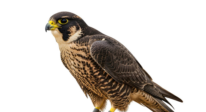 Close-up shot of a peregrine falcon perched, showcasing its detailed plumage and sharp features.