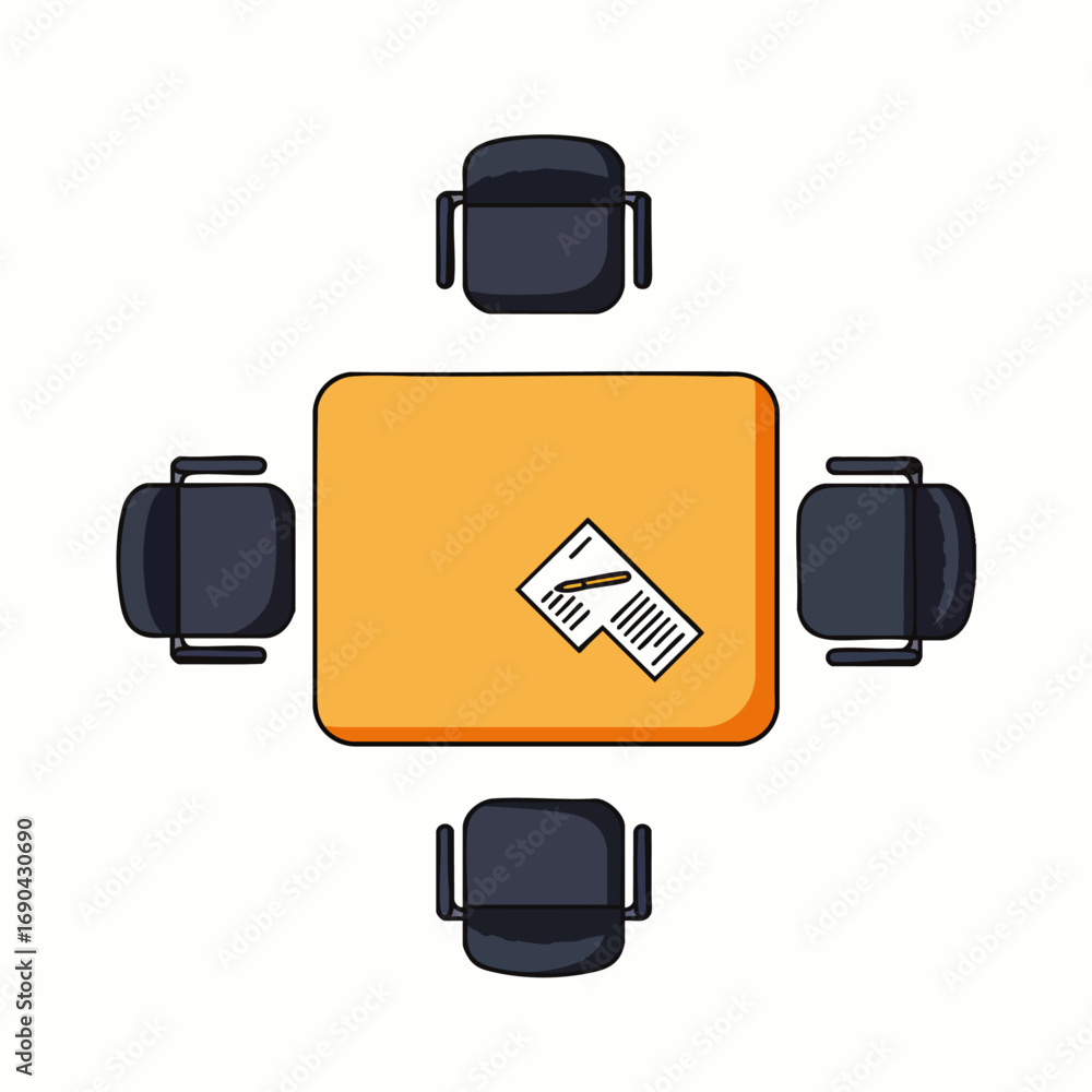 Poster an overhead view of an empty rectangular meeting table surrounded by four office chairs, featuring a