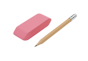 A vibrant pink rectangular eraser with crisp edges and a perfectly sharpened wooden graphite pencil, side-by-side on a seamless transparent background, concept of precision and new stationery items