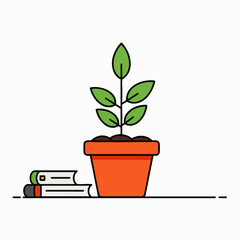 This minimalist illustration features a vibrant green plant in an orange pot next to books, symbolizing the essential connection between growth, learning, and education.
