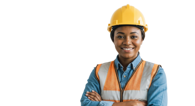 Confident construction worker in safety gear smiling at camera indoors