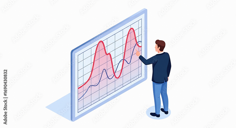 Poster man in suit pointing at a large graph with red and black lines on a white background illustration