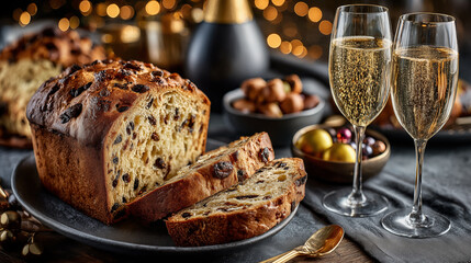 Christmas panettone with raisins and champagne, selective focus