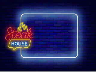 Steak house flyer. Barbecue party neon invitation. Empty white frame and fire with speech bubble. Vector illustration