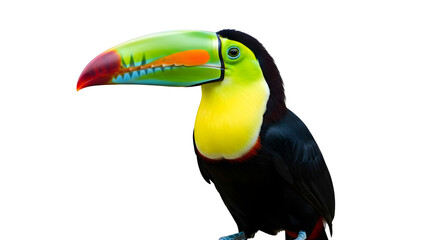 A vibrant Keel-billed Toucan with its iconic large, colorful beak is perched against a clean white background.