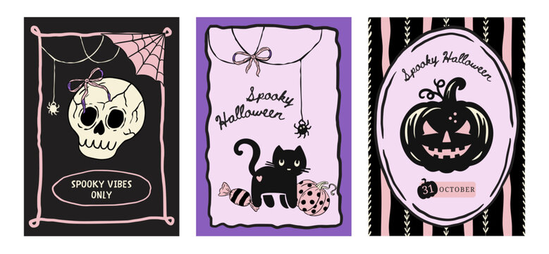 Retro Halloween Poster Flyer Set Whimsical Doodle Coquette Cute Card Vector With Cat Skull Pumpkin Candy
