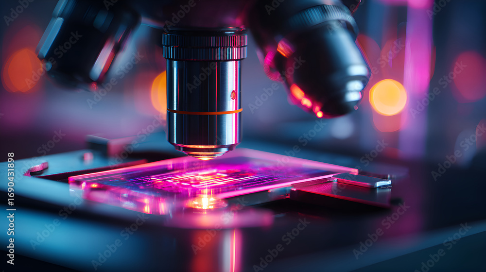 Poster microscope illuminating sample on glass slide in laboratory setting