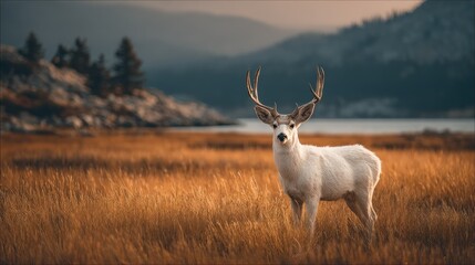 Obraz premium Majestic Albino Buck in Golden Meadow at Sunset