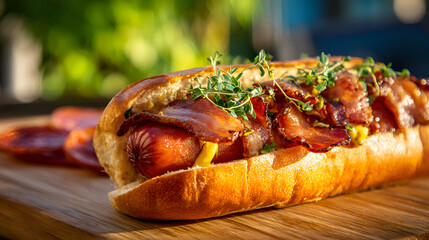 Delicious hot dog with bacon, mustard and thyme resting on wooden board