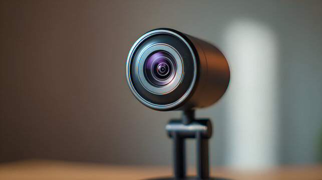 Modern webcam standing on desk in home office setting