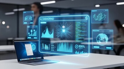 Innovative holographic user interface displaying generated financial data analytics and global metrics projected from a laptop in a futuristic office - Powered by Adobe