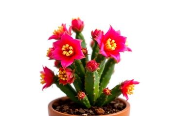 Obraz premium A vibrant cactus adorned with blooming pink flowers, showcasing its natural beauty. The cactus sits in a terracotta pot, enhancing its visual appeal