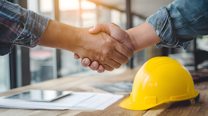 Architect and engineer shaking hands after signing contract for construction project