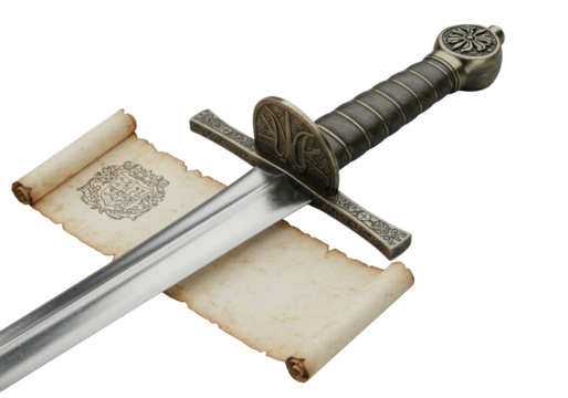 Finely crafted medieval longsword with gleaming silver blade and ornate bronze hilt, beside a curled parchment scroll, isolated on a transparent background, museum-quality product display