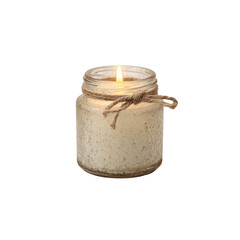 Rustic Mason Jar Candle with Twine, Lit, Cream Colored Wax