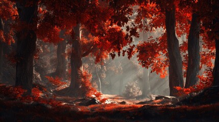 Red Autumn Forest Scene with Tall Trees and Sunlight Filtering Through Leaves