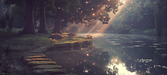 Serene forest stream with stepping stones for tranquil nature exploration and reflection