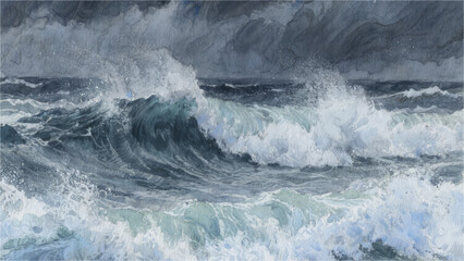 Ocean Storm: A dramatic depiction of a stormy sea, with towering waves crashing against each other under a brooding sky, exuding the raw power and untamed beauty of the ocean.