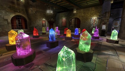 Magical cave adorned with mesmerizing floating crystals radiating vibrant neon light displays