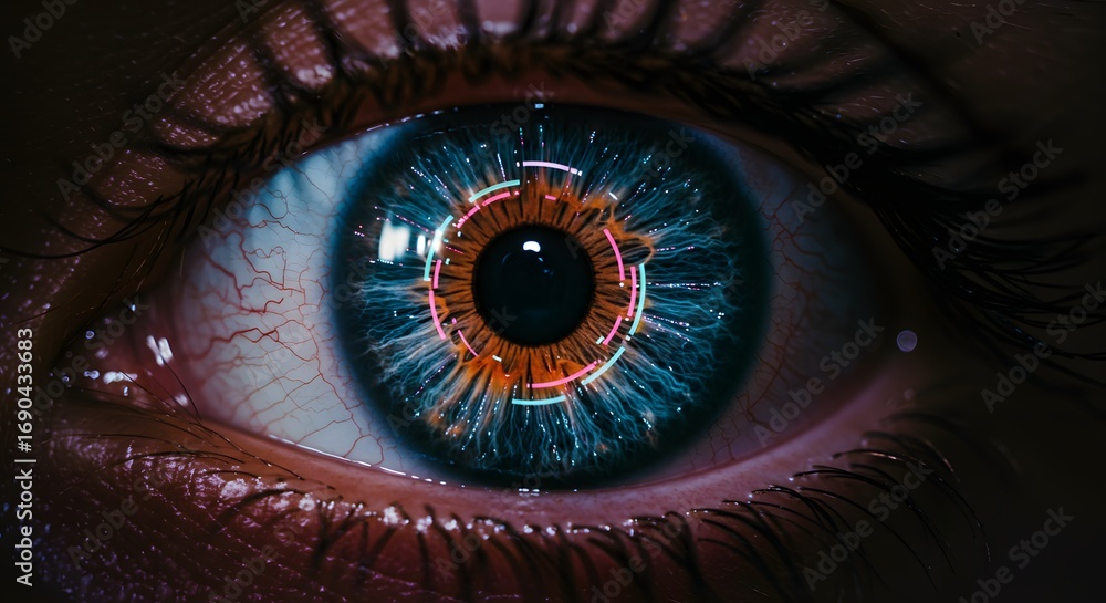 Poster futuristic digital eye scan with biometric data overlay