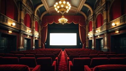 Empty cinema auditorium with red seats and white screen awaiting audience
