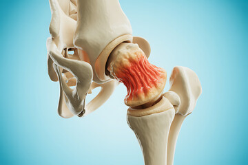 3D illustration of the hip joint showing arthritis and cartilage damage in a medical context