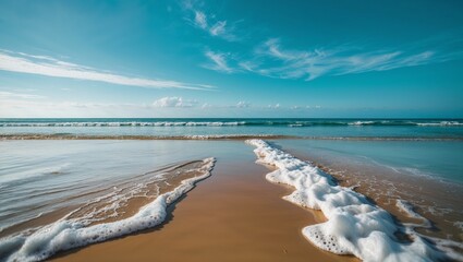 White sea foam creating a path on the beach to the ocean under a cloudy blue sky