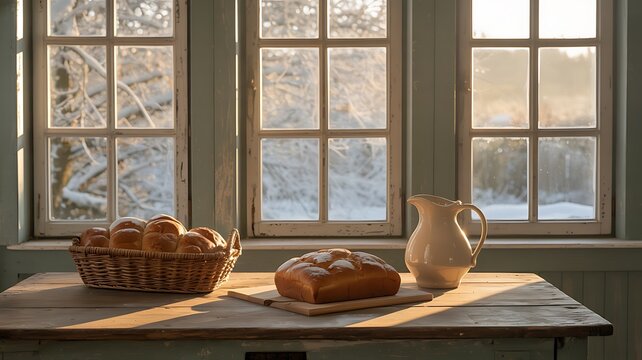 Rustic winter scene featuring freshly baked bread on a wooden table with a cozy cottage window view of snow covered trees and winter light.