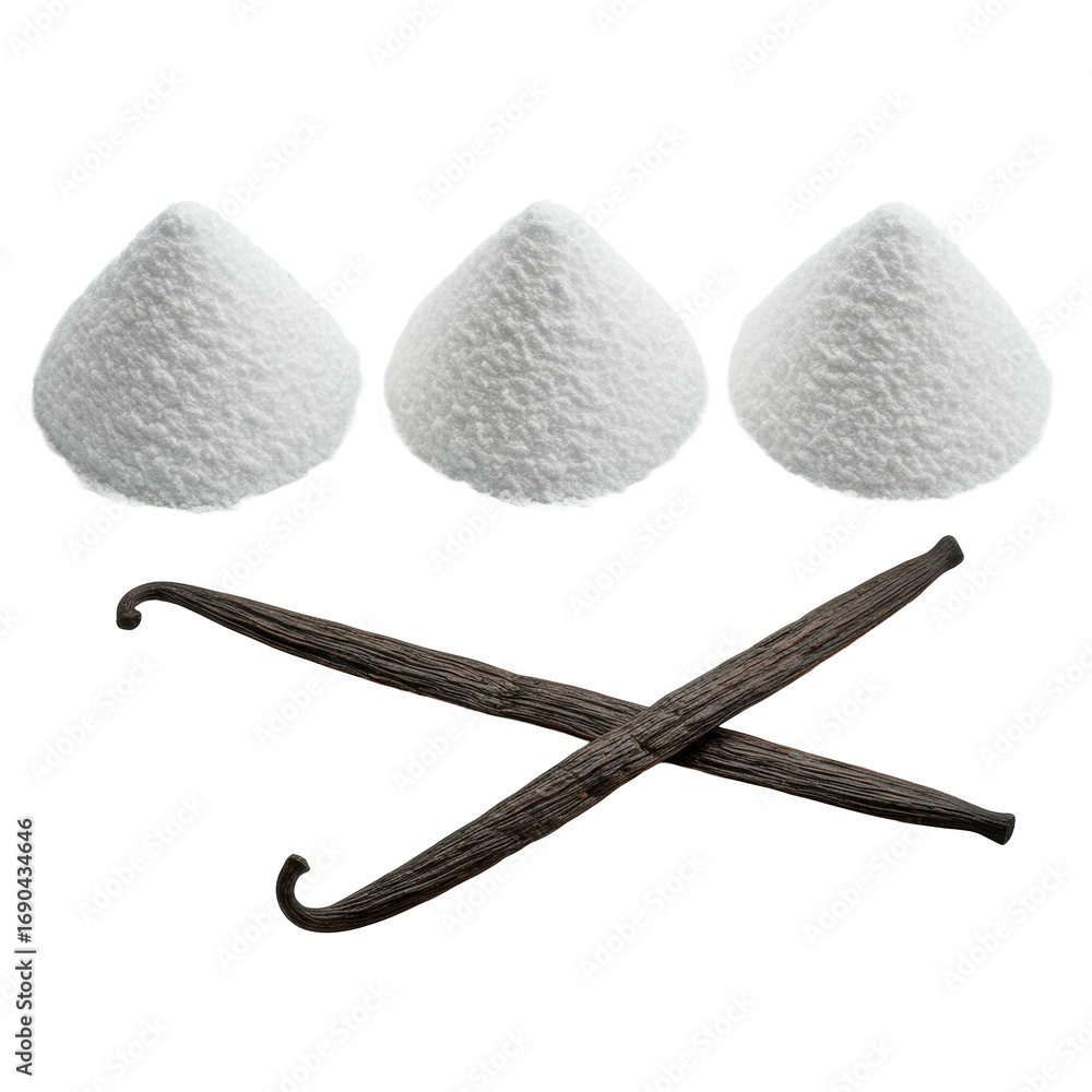 Poster three pristine, conical white powdered sugar mounds and a dark vanilla bean segment symmetrically ar