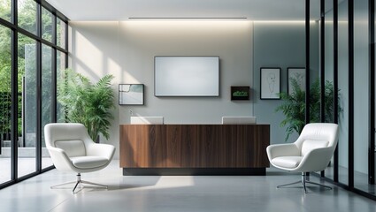 Modern office reception area with blank screen displaying important information