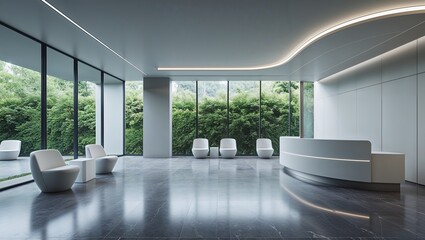 Modern office lobby interior with reception desk and waiting area
