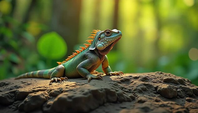 Iguana basking on sunlit rock in tropical forest 