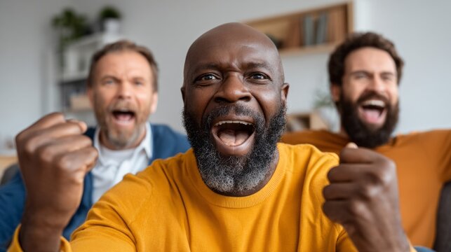 Friends showing excitement and enthusiasm while watching an action movie at home during a relaxed evening gathering - Powered by Adobe